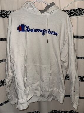 Champion White Hoodie with Blue and Red Script Logo